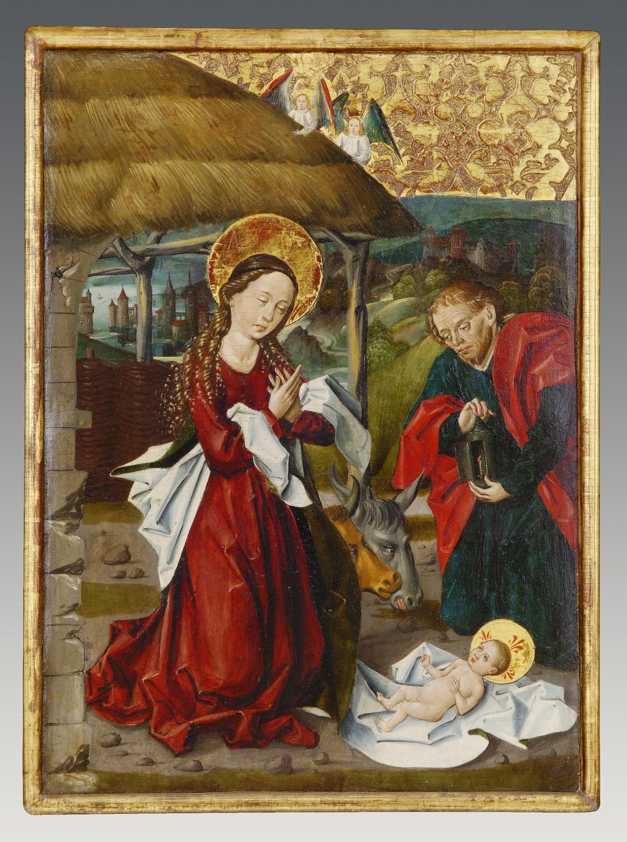 Late Medieval Painting of the Birth of Christ with Mary, Joseph, angels, oxen and Baby Jesus on the ground on a white cloth